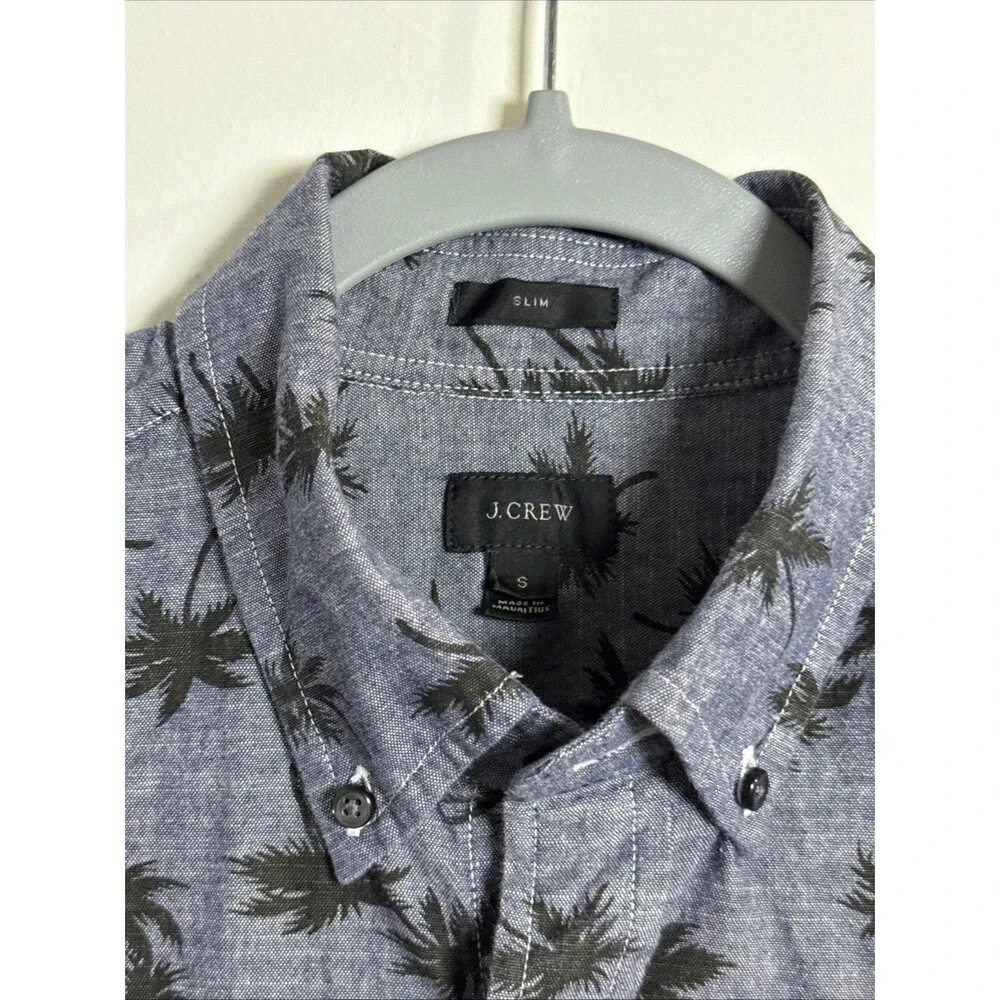 J.Crew Men's Slim Shirt Small Gray Chambray Palm Trees Long Sleeve Oxford Casual